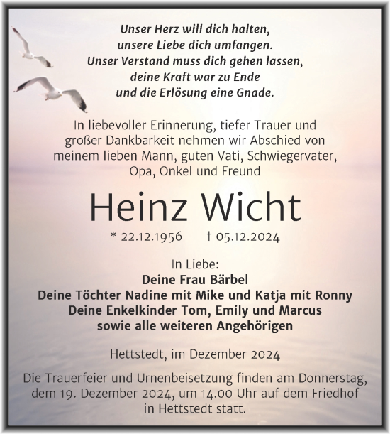 Traueranzeige von Heinz Wicht von Trauerkombi Mansfelder Land