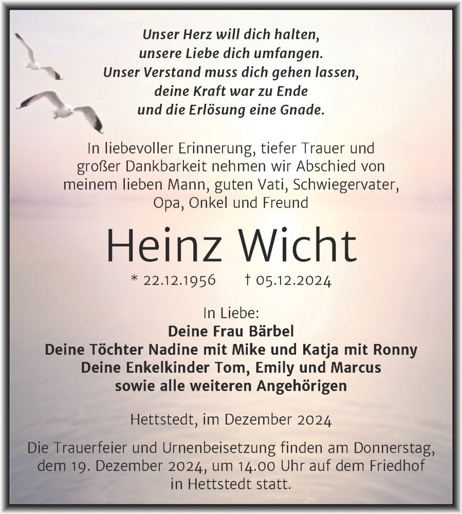  Traueranzeige für Heinz Wicht vom 11.12.2024 aus Trauerkombi Mansfelder Land