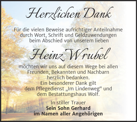 Traueranzeige von Heinz Wrubel von Trauerkombi Weißenfels