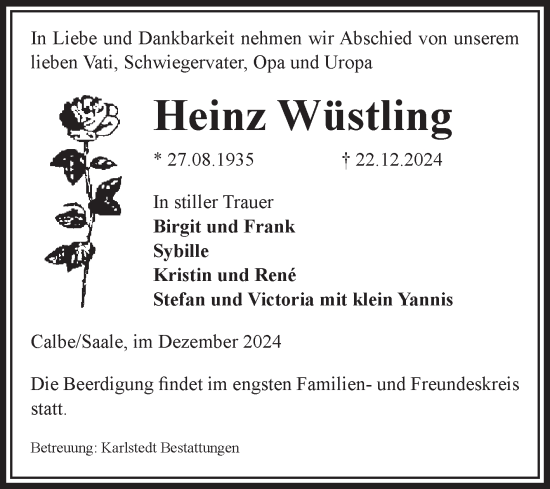Traueranzeige von Heinz Wüstling von Volksstimme Schönebeck