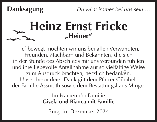 Traueranzeige von Heinz Ernst Fricke von Volksstimme Burg/Genthin