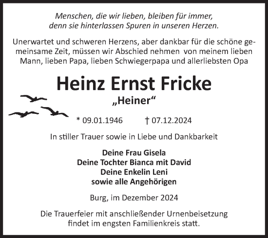 Traueranzeige von Heinz Ernst Fricke von Volksstimme Burg/Genthin