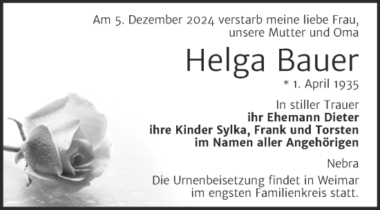 Traueranzeige von Helga Bauer von Naumburger Tageblatt