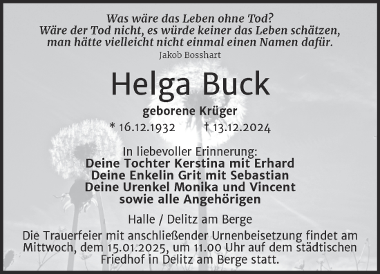 Traueranzeige von Helga Buck von Mitteldeutsche Zeitung Halle/Saalkreis