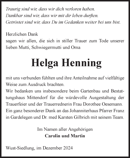 Traueranzeige von Helga Henning von Volksstimme Altmark Ost