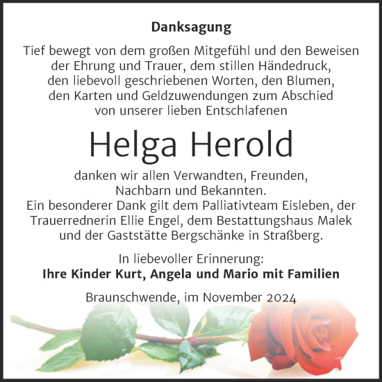 Traueranzeige von Helga Herold von Trauerkombi Mansfelder Land