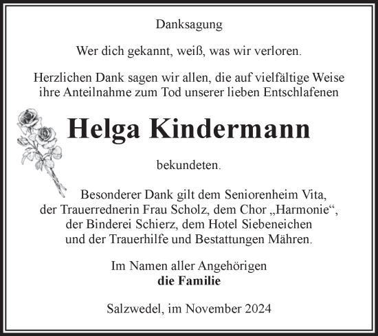 Traueranzeige von Helga Kindermann von Volksstimme Altmark West
