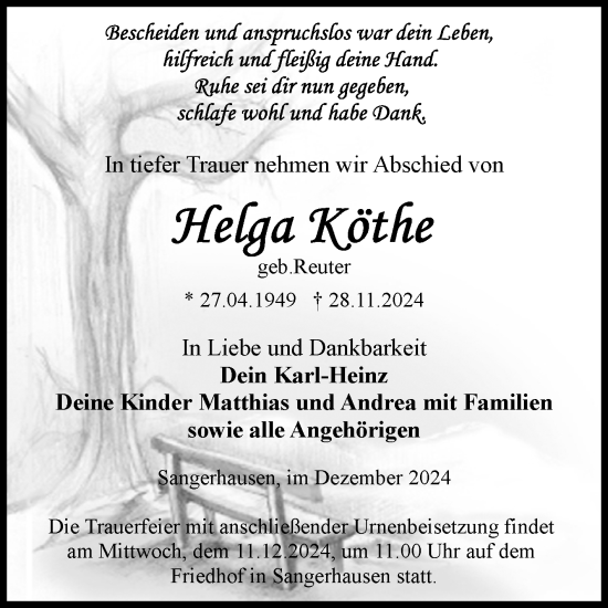 Traueranzeige von Helga Köthe von Trauerkombi Sangerhausen