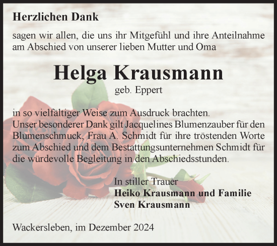 Traueranzeige von Helga Krausmann von Volksstimme Oschersleben/Wanzleben