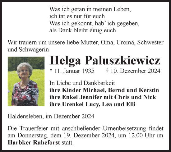 Traueranzeige von Helga Paluszkiewicz von Volksstimme Haldensleben/Wolmirstedt