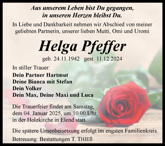Traueranzeige von Helga Pfeffer von Volksstimme Wernigerode
