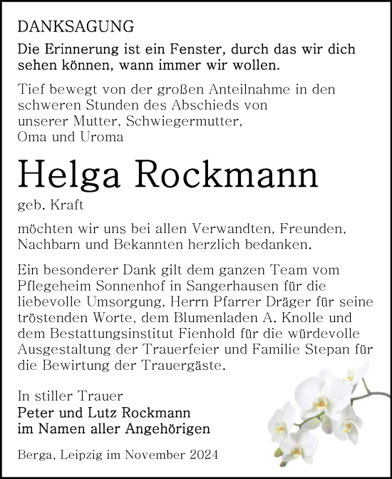 Traueranzeige von Helga Rockmann von Trauerkombi Sangerhausen