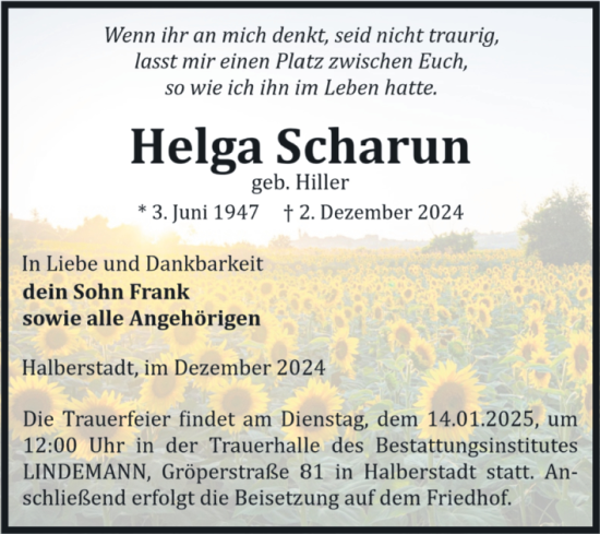 Traueranzeige von Helga Scharun von Volksstimme Halberstadt