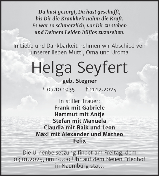 Traueranzeige von Helga Seyfert von Naumburger Tageblatt
