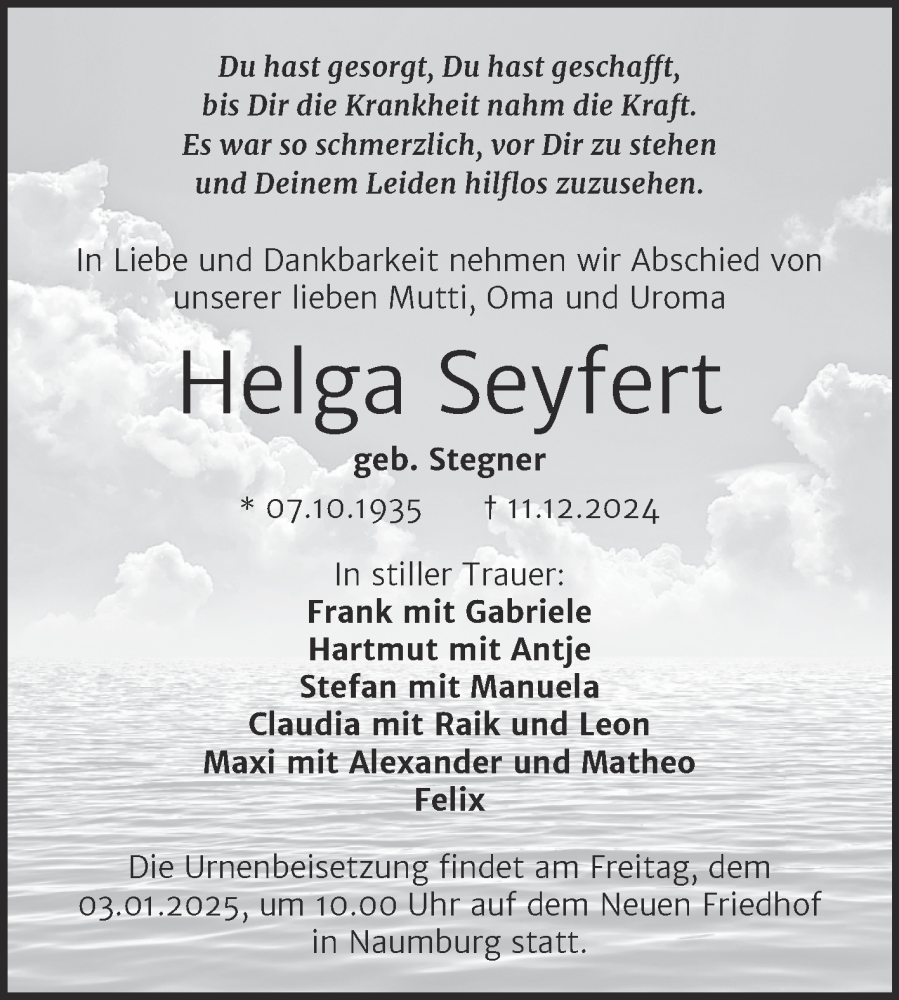  Traueranzeige für Helga Seyfert vom 14.12.2024 aus Naumburger Tageblatt
