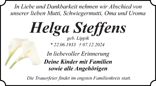 Traueranzeige von Helga Steffens von Trauerkombi Dessau