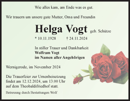 Traueranzeige von Helga Vogt von Volksstimme Wernigerode