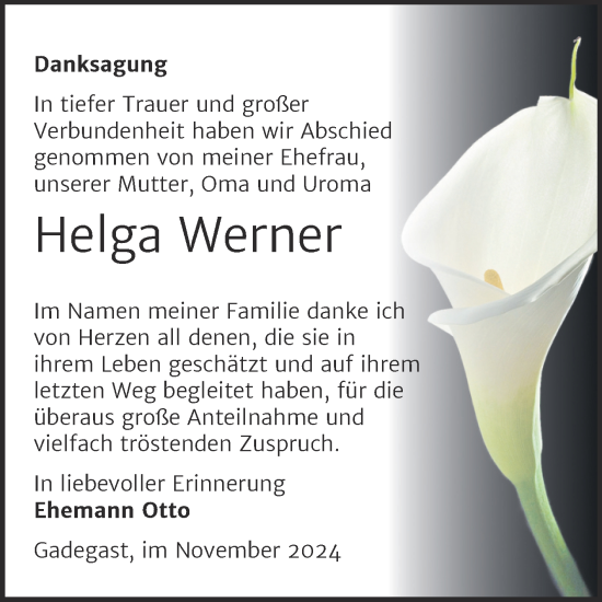Traueranzeige von Helga Werner von Trauerkombi Wittenberg