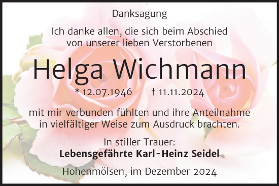 Traueranzeige von Helga Wichmann von Trauerkombi Weißenfels
