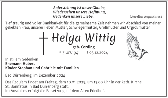 Traueranzeige von Helga Wittig von Trauerkombi Merseburg