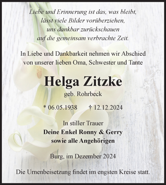 Traueranzeige von Helga Zitzke von Volksstimme Burg/Genthin