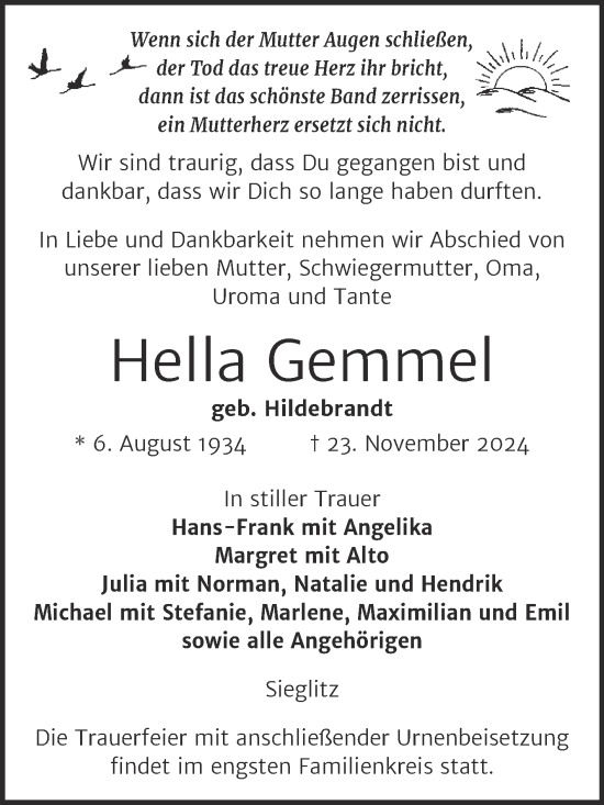 Traueranzeige von Hella Gemmel von Super Sonntag Naumburg/Nebra