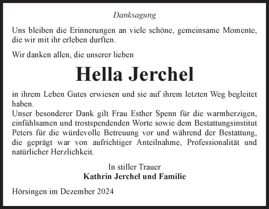 Traueranzeige von Hella Jerchel von Volksstimme Haldensleben/Wolmirstedt
