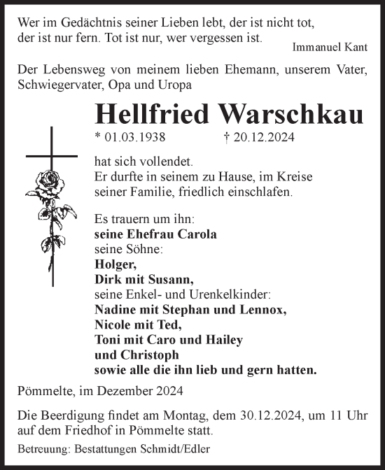 Traueranzeige von Hellfried Warschkau von Volksstimme Schönebeck
