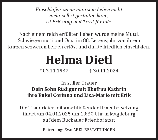 Traueranzeige von Helma Dietl von Volksstimme Magdeburg