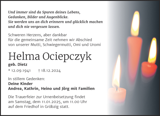 Traueranzeige von Helma Ociepczyk von Trauerkombi Köthen