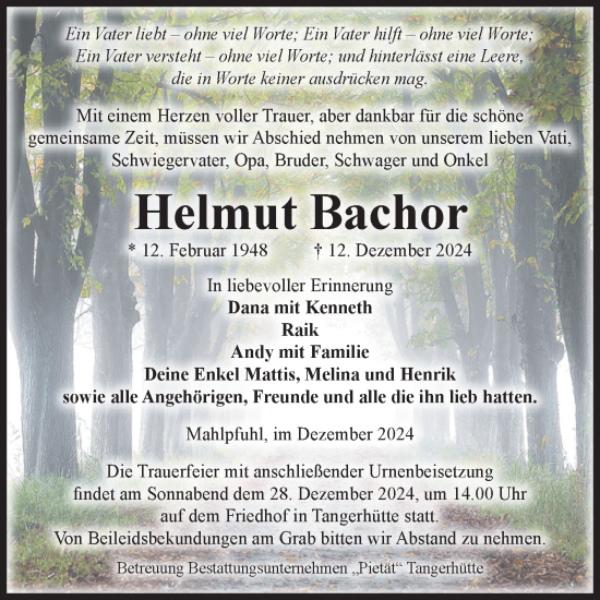 Traueranzeige von Helmut Bachor von Volksstimme Altmark Ost