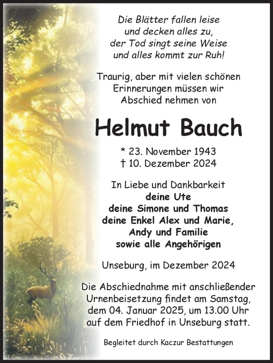 Traueranzeige von Helmut Bauch von Volksstimme Staßfurt