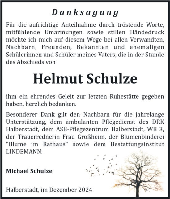 Traueranzeige von Helmut Schulze von Volksstimme Halberstadt