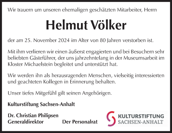 Traueranzeige von Helmut Völker von Volksstimme Wernigerode