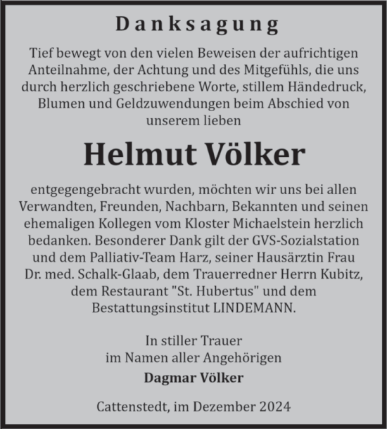 Traueranzeige von Helmut Völker von Volksstimme Wernigerode