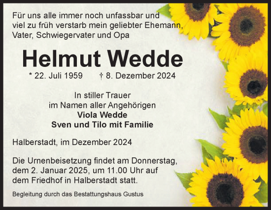 Traueranzeige von Helmut Wedde von Volksstimme Halberstadt