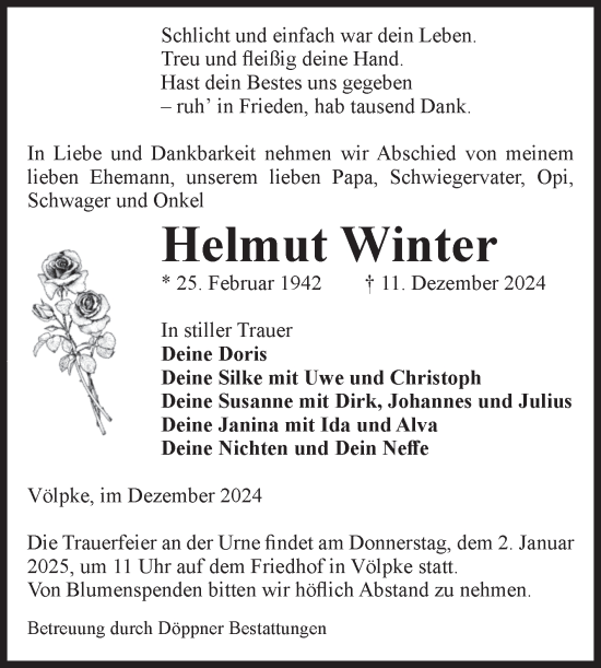 Traueranzeige von Helmut Winter von Volksstimme Oschersleben/Wanzleben