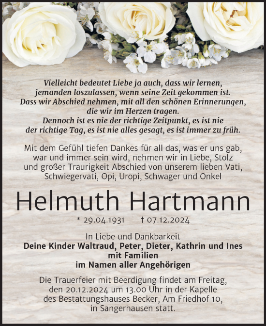 Traueranzeige von Helmuth Hartmann von Trauerkombi Sangerhausen