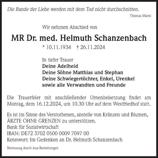 Traueranzeige von Helmuth Schanzenbach von Volksstimme Magdeburg