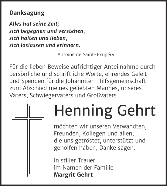 Traueranzeige von Henning Gehrt von Trauerkombi Dessau