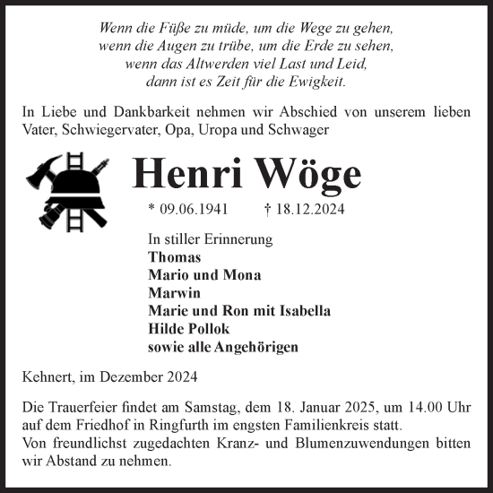 Traueranzeige von Henri Wöge von Volksstimme Altmark Ost