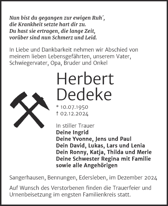 Traueranzeige von Herbert Dedeke von Trauerkombi Sangerhausen