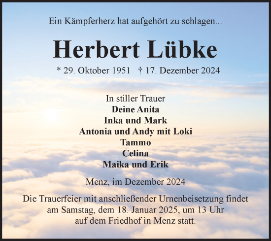 Traueranzeige von Herbert Lübke von Volksstimme Burg/Genthin