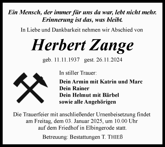 Traueranzeige von Herbert Zange von Volksstimme Wernigerode