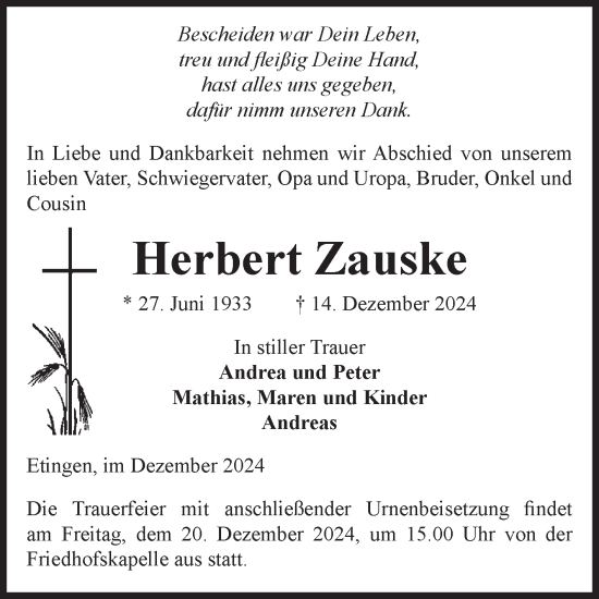 Traueranzeige von Herbert Zauske von Volksstimme Haldensleben/Wolmirstedt