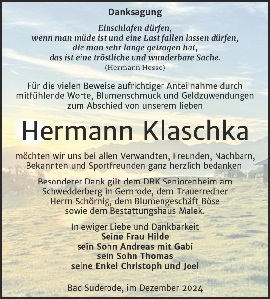 Traueranzeige von Hermann Klaschka von Trauerkombi Quedlinburg