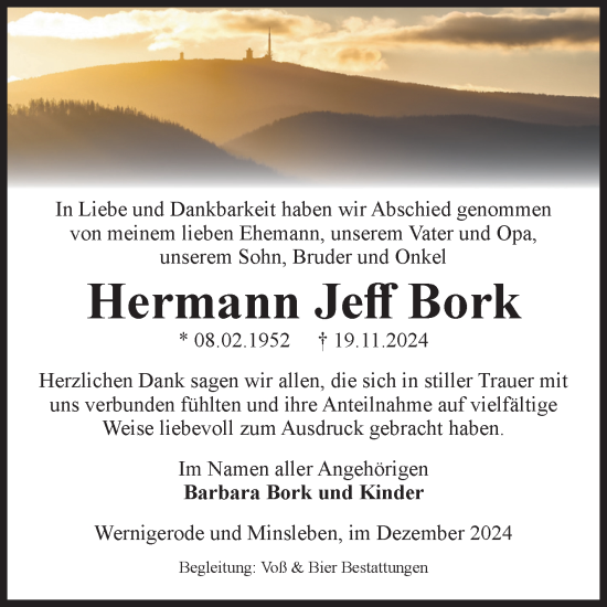 Traueranzeige von Hermann Jeff Bork von Volksstimme Wernigerode