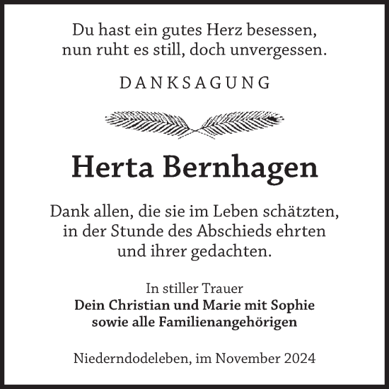 Traueranzeige von Herta Bernhagen von Volksstimme Haldensleben/Wolmirstedt