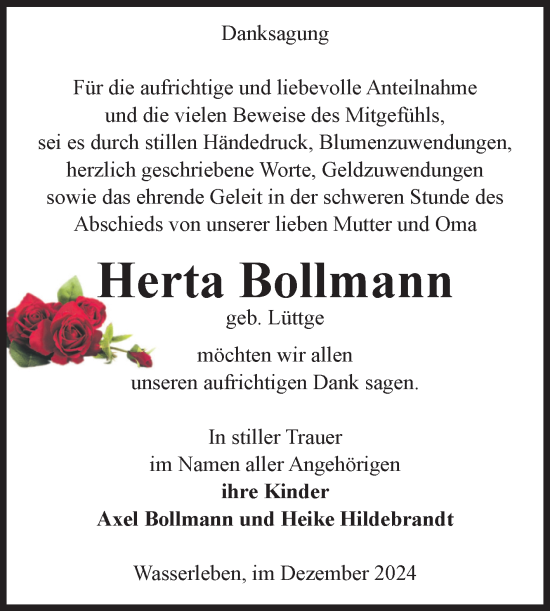 Traueranzeige von Herta Bollmann von Volksstimme Wernigerode