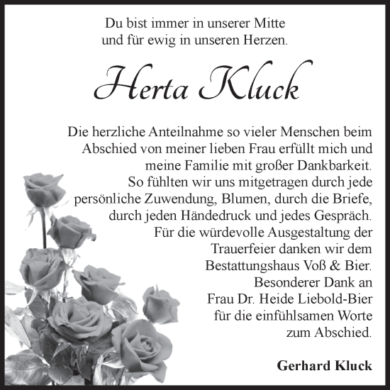Traueranzeige von Herta Kluck von Volksstimme Wernigerode